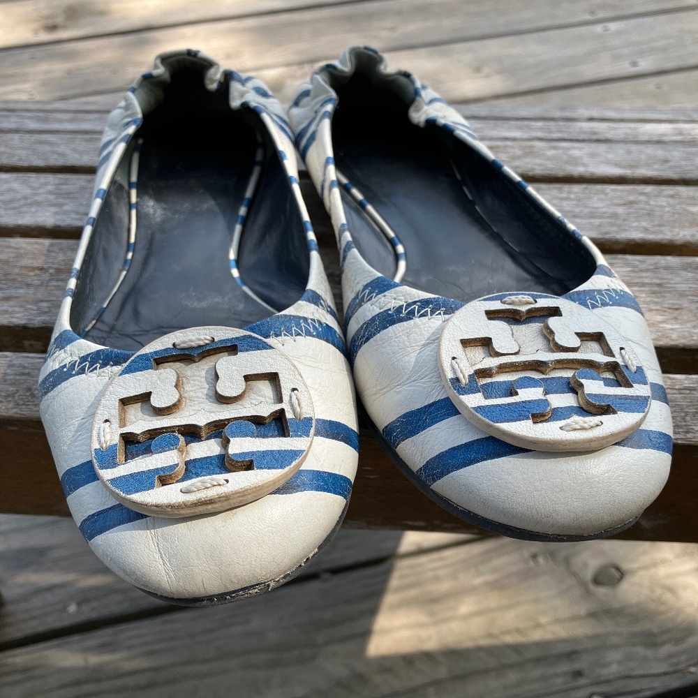 Tory Burch white with blue stripes flats shoes